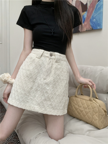 Actual shot~New jacquard rhombus high-waist slim and versatile denim skirt, anti-exposure A-line skirt