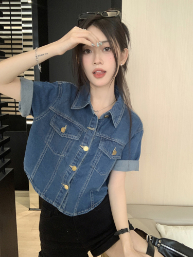 Real shot of American retro short-sleeved denim jacket for women with design sense of summer ins trendy loose top