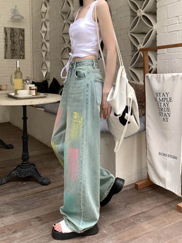 Actual shot of 2024 spring and summer colorful graffiti wide-leg jeans for women, high-waisted slimming drapey floor-length trousers
