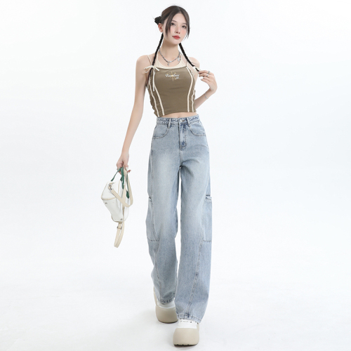 Real shot of jeans for women 2024 spring and summer new style light blue large pockets high waist loose wide leg trousers