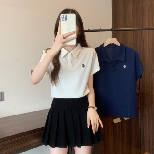 Real shot polyester pique 2024 summer embroidered letters polo collar short-sleeved T-shirt women's tops