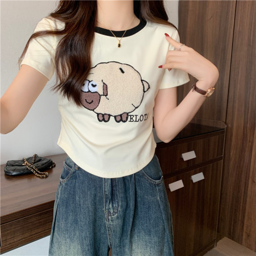 Real shot of imitation cotton 40 count 1*1 summer new style slim irregular contrast color round neck short-sleeved T-shirt for women
