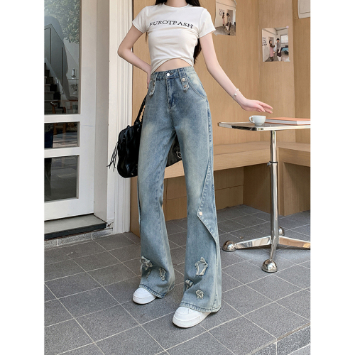 Actual shot ~ Retro star patch jeans for women, high-waisted design, niche slimming straight-leg slightly flared trousers