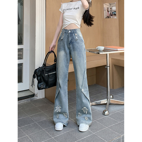 Actual shot ~ Retro star patch jeans for women, high-waisted design, niche slimming straight-leg slightly flared trousers