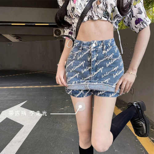 Hot girl high-waisted denim skirt women's summer new design niche letter print anti-exposure hip-covering short skirt