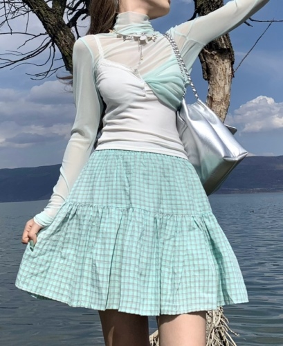 Actual shot ~ new summer sunscreen mesh long-sleeved layered camisole + elastic waist skirt suit