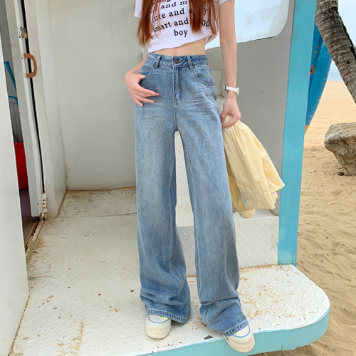 Real shot of retro high-waisted loose wide-leg pants spring and summer new style drape straight pants floor-length jeans for women