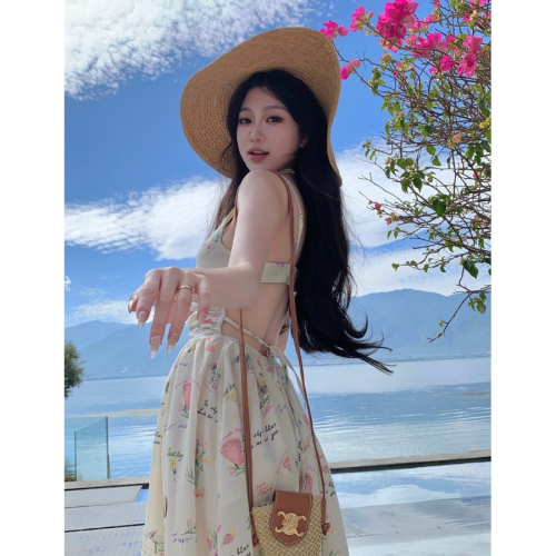 Beach resort style v-neck floral suspender dress for women summer French backless long skirt with waistband and beach skirt