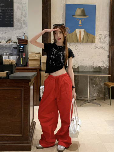 Actual shot of bow-printed round-neck short-sleeved T-shirt + high-waist slim straight-leg wide-leg casual overalls