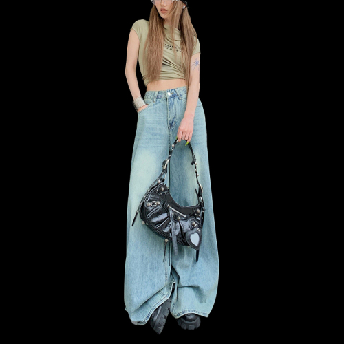 Real shot of washed vintage Dian blue summer style subculture wide-leg denim floor-sweeping trousers with elephant legs and large trousers