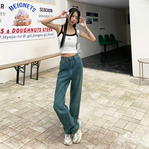 Real shot Summer Mambo Green Washed Retro Blue Lazy Casual High Waist Slim Denim Wide Leg Pants