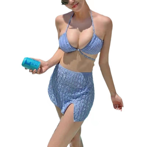 蓝色比基尼三件套泳装绑带式聚拢超性感暴露泡温泉胸垫泳衣女