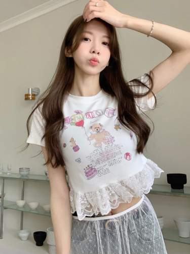 Real shot of summer Korean chic hand-printed splicing lace short T-shirt