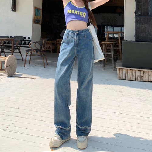 Real shot of high-waisted straight jeans for women 2024 summer new Korean style ins design slimming loose floor-length pants