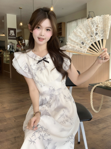 Actual shot of new Chinese style ladylike little flying sleeve dress with elegant temperament and bow slim long skirt