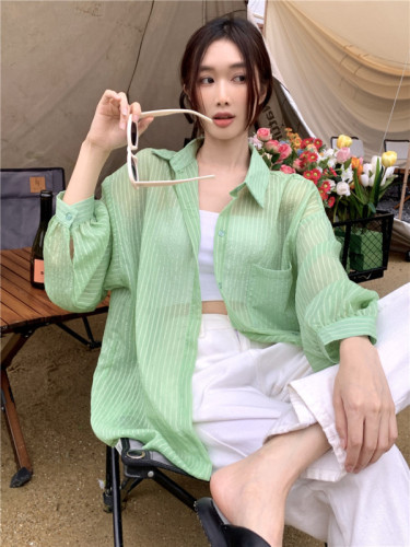 Actual shot of summer new Korean style loose slimming, light and slightly see-through striped long-sleeved sun protection shirt jacket for women