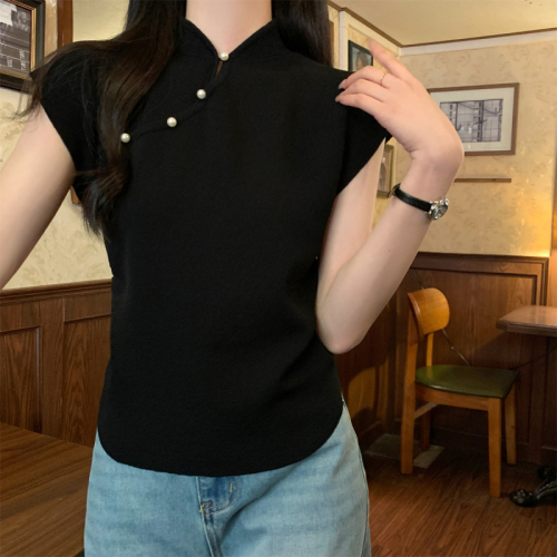 Real shot of summer Korean style new Chinese style beaded temperament design knitted short-sleeved top for women