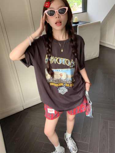 Real shot of American retro Korean chic summer handmade printed T-shirt