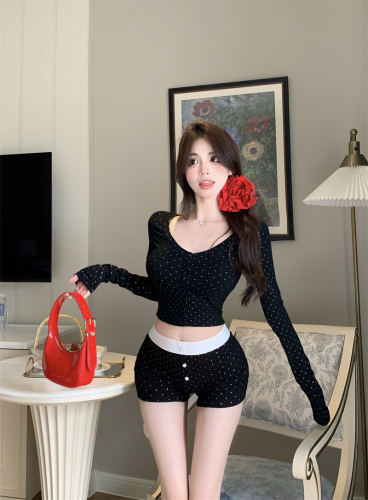 Real shot of sexy hot girl in floral knitted cardigan top with slimming shorts suit for women