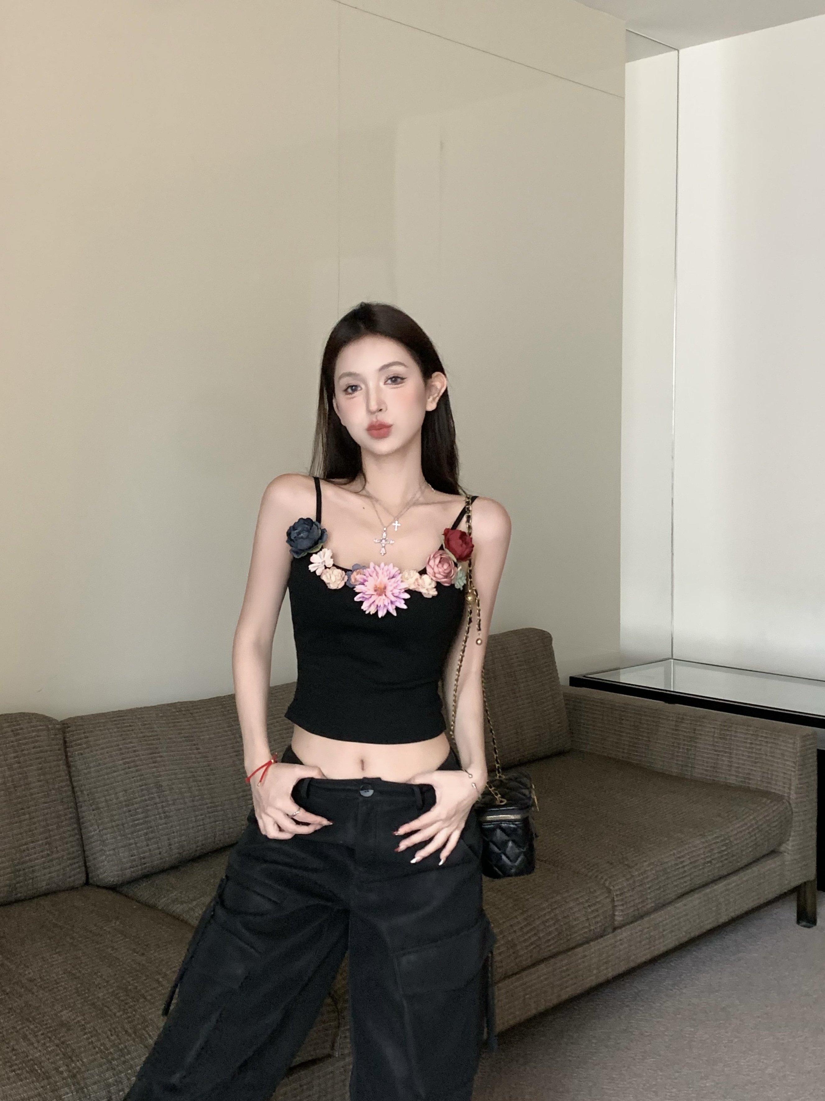 Real shot of Love in Sicily Heavy Industry Suspender Retro Flower Dress Waist Slimming Camisole
