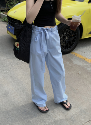 Real shot of women's slim casual pants with lace-up waist, thin, simple and versatile straight pants