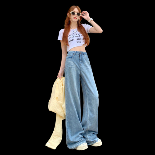 Real shot of retro high-waisted loose wide-leg pants spring and summer new style drape straight pants floor-length jeans for women