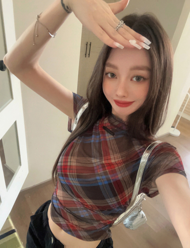 Real shot of sweet and cool hot girl slimming retro plaid short-sleeved T-shirt women's small neckline top