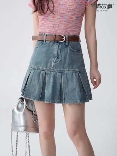 Short pleated skirt for women 2024 spring new preppy style small high waist a line short denim skirt