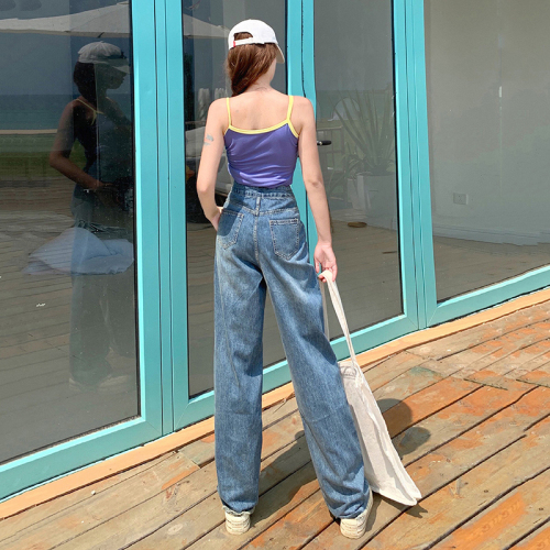 Real shot of high-waisted straight jeans for women 2024 summer new Korean style ins design slimming loose floor-length pants