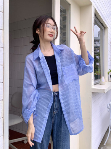 Actual shot of summer new Korean style loose slimming, light and slightly see-through striped long-sleeved sun protection shirt jacket for women