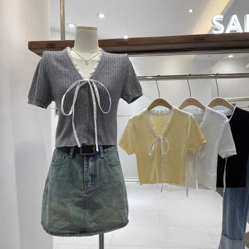 韩系甜美简约风短袖针织开衫女夏季2024新款V领系带短款灰色上衣
