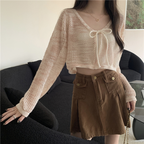 Actual shot of new gradient color thin sunscreen hollow knitted cardigan women's top