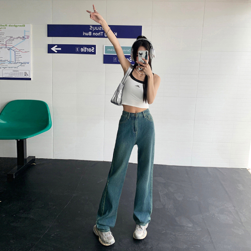 Real shot Summer Mambo Green Washed Retro Blue Lazy Casual High Waist Slim Denim Wide Leg Pants