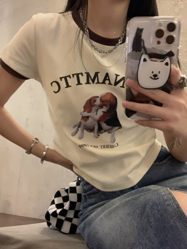 Real shot American retro contrasting color dog print T-shirt for women in summer pure desire short slim top