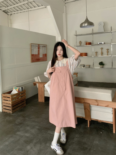 Actual shot of summer shirt and suspender dress two-piece set, casual loose slimming fashion suit