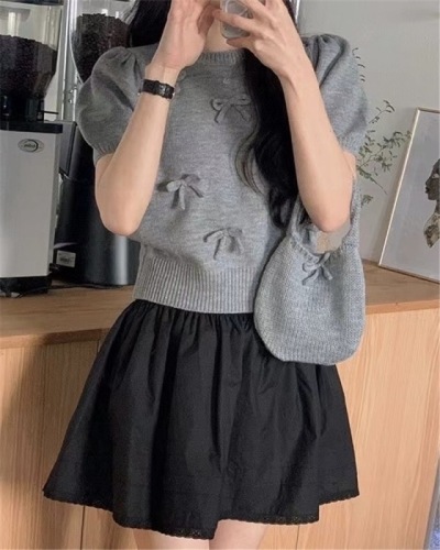 韩国ins夏季新款减龄系蝴蝶结设计圆领短袖针织上衣 女