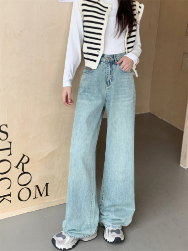 Actual shot~New summer retro washed high-waisted light-colored wide-leg jeans