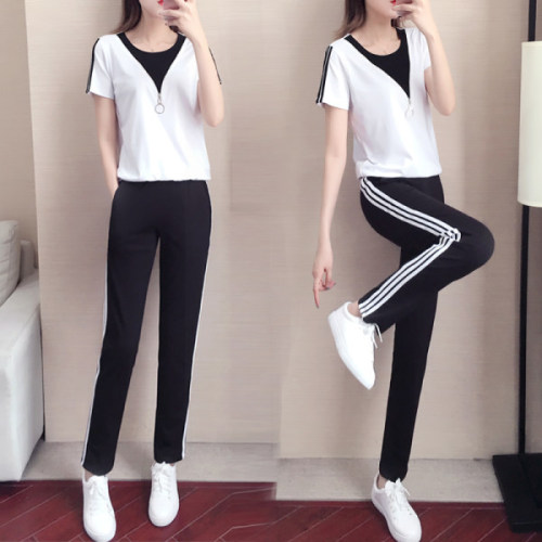 Casual sports suit for women summer 2024 new fashion zipper Korean style loose short-sleeved running suit two-piece set