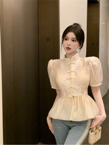 Real shot of retro national trend style ruffled disc button stand collar lace bottoming shirt for women summer style stand collar short-sleeved slim top