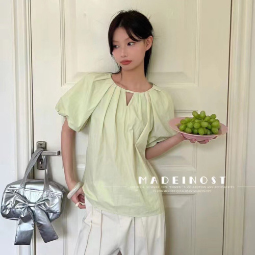 夏季新款韩系温柔气质女短袖衬衫时尚简约复古宽松套头纯色T恤衫