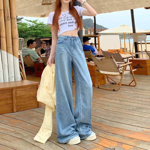 Real shot of retro high-waisted loose wide-leg pants spring and summer new style drape straight pants floor-length jeans for women