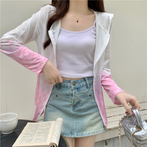 Real shot of ice silk 75D sun protection clothing summer new outdoor breathable gradient open chest zipper jacket for women 100 polyester