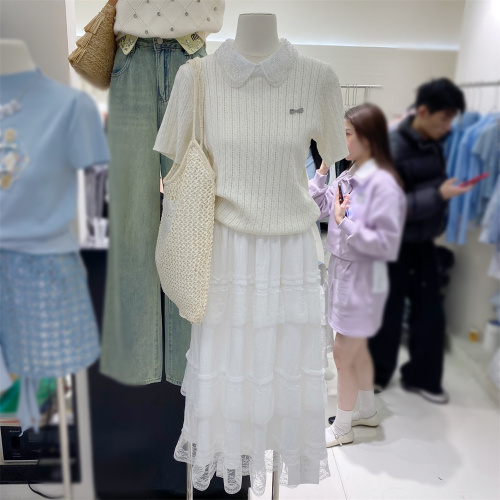 十三行新品韩系复古蕾丝娃娃领套头针织衫百搭短袖小众洋气上衣女