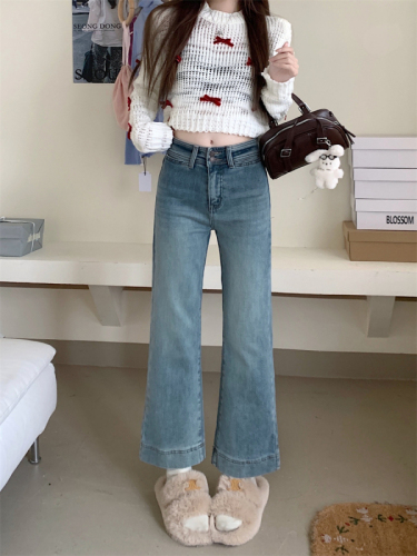 Actual shot ~ New style straight retro nine-point bootcut jeans for women, light-colored high-waisted stretch cigarette pants