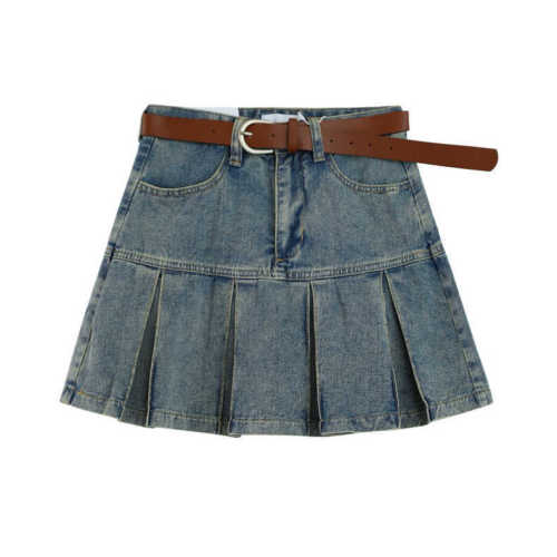 Spring new style American retro hottie high-waist slim denim skirt A-line skirt pleated skirt belt
