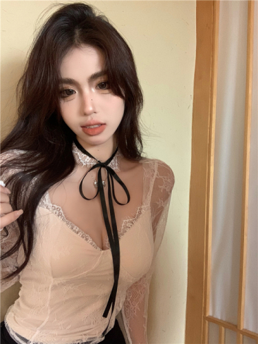 Real shot!  Pure lust style V-neck lace long-sleeved T-shirt for women slimming bow halter neck top