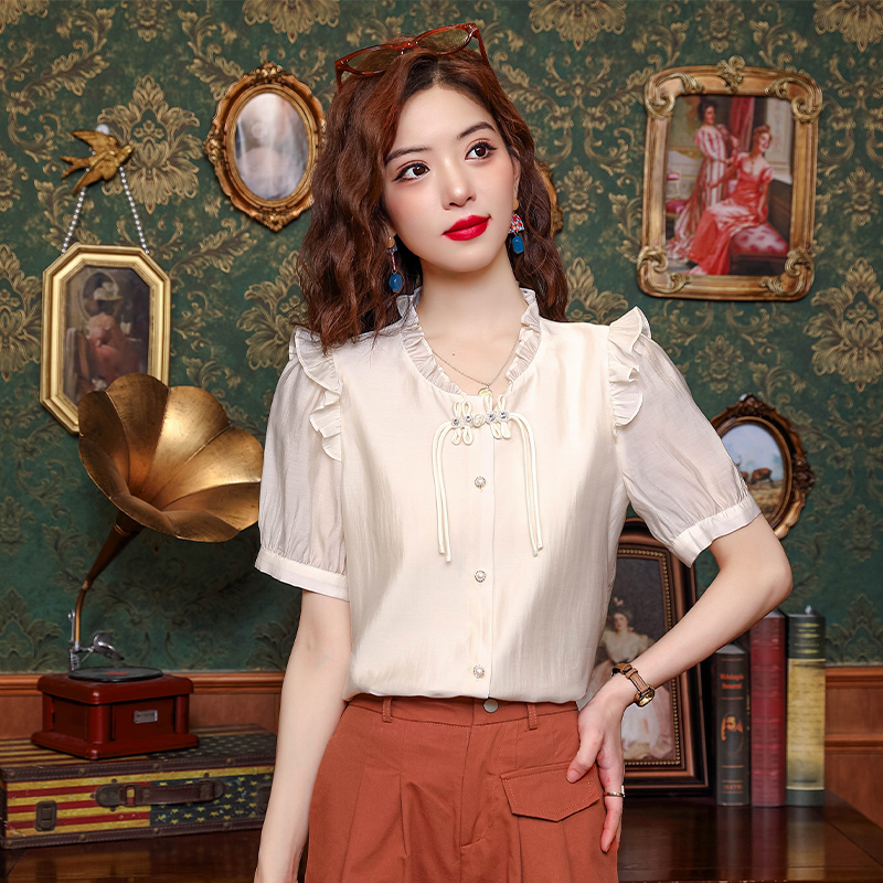 Real shot of 2024 summer new Chinese style chiffon shirt for women retro national style shirt button top short sleeves