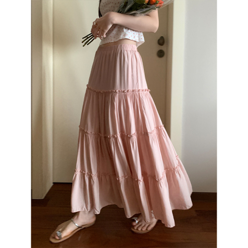 Actual shot of 2024 new floral skirt for women with lace stitching pink cake skirt for women with high waist and slimming A-line skirt