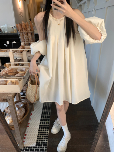 Actual shot of Korean chic French elegant two-wear detachable sleeves halterneck dress with large swing skirt