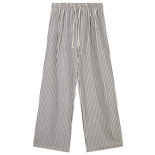 Three-dimensional waistband hem black and white vertical striped pants women's loose spring and summer straight walking pants casual versatile high waist